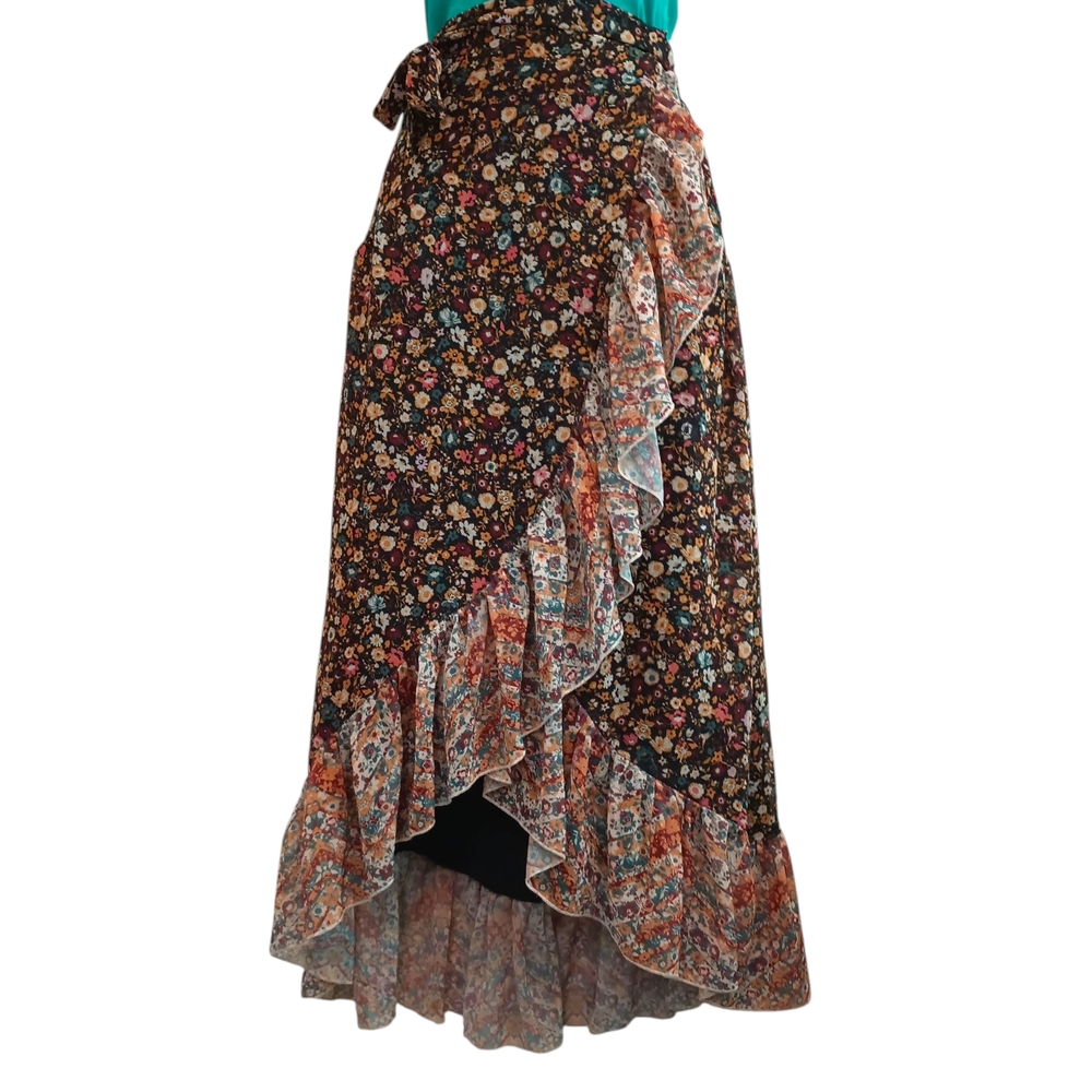 Super Natural By Secret Mission Floral Wrap Midi Skirt With Ruffle Hem Size M